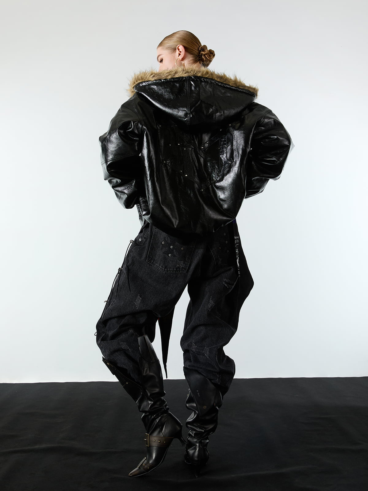 Multi-Zip Fur Hooded Leather Jacket