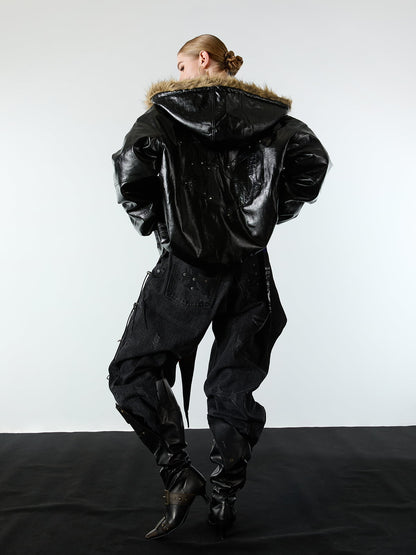 Multi-Zip Fur Hooded Leather Jacket