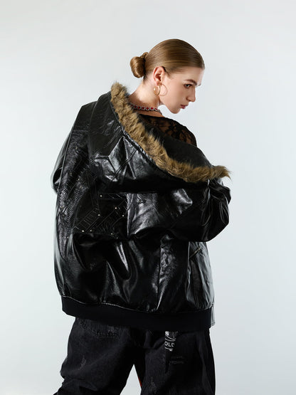 Multi-Zip Fur Hooded Leather Jacket