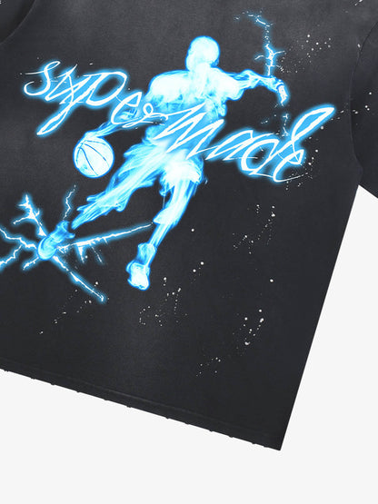 thesupermade "Energy Burst" Basketball Player Cyber Aesthetic Electric Print T-Shirt – Vintage Washed Oversized Basketball Streetwear T-Shirt 