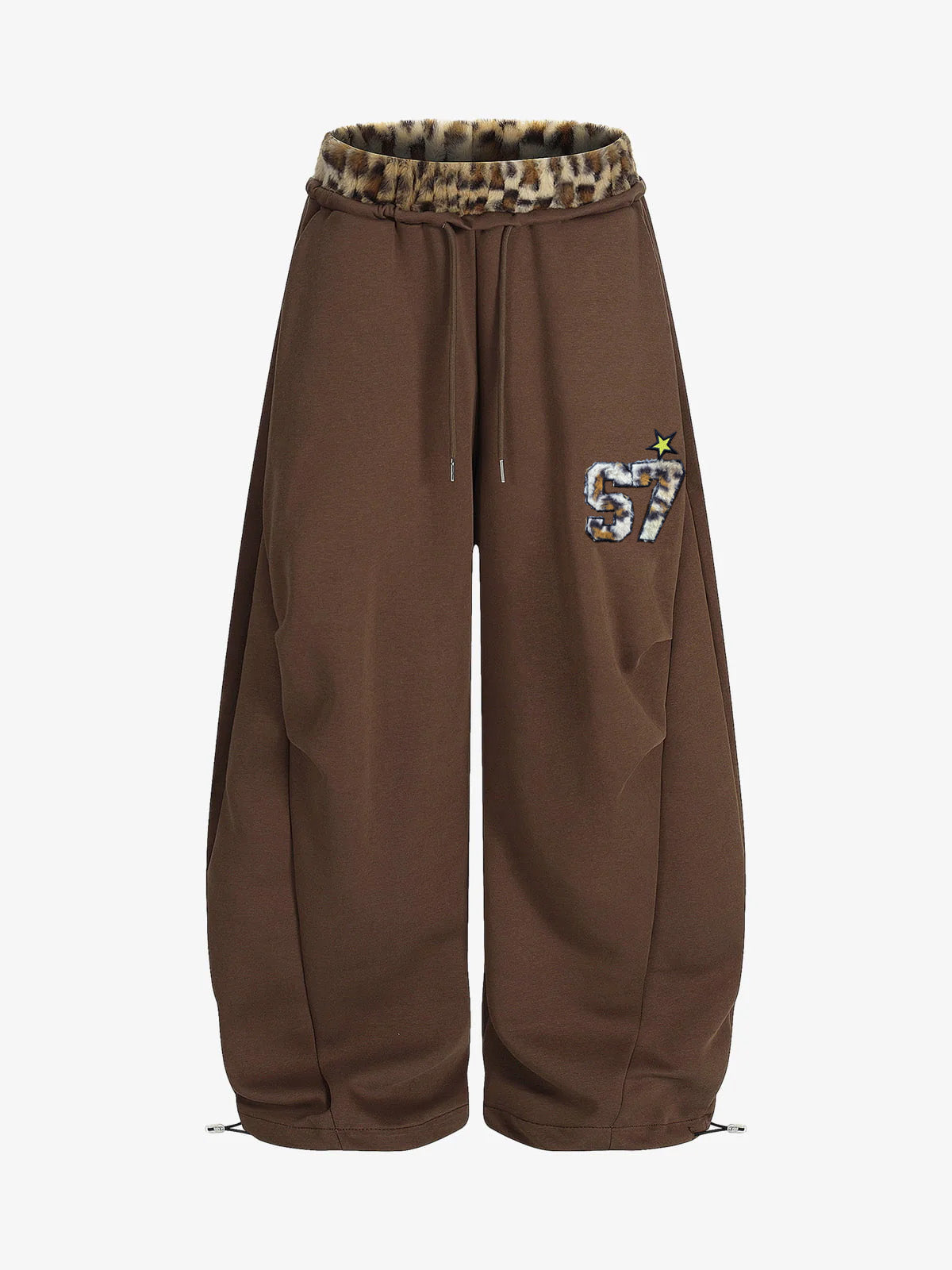 Retro Double-Waist Leopard Patch Barrel Pants