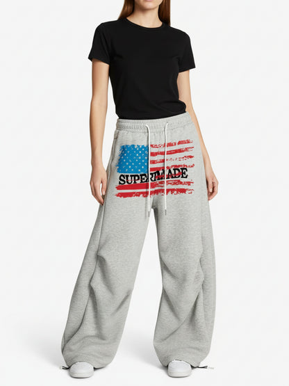 Retro Paratrooper Machete Pleated Design Printed Wide-Leg Pants