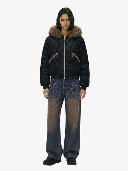 Retro Detachable Faux Fur Collar Suede Fleece Hoodie Jacket