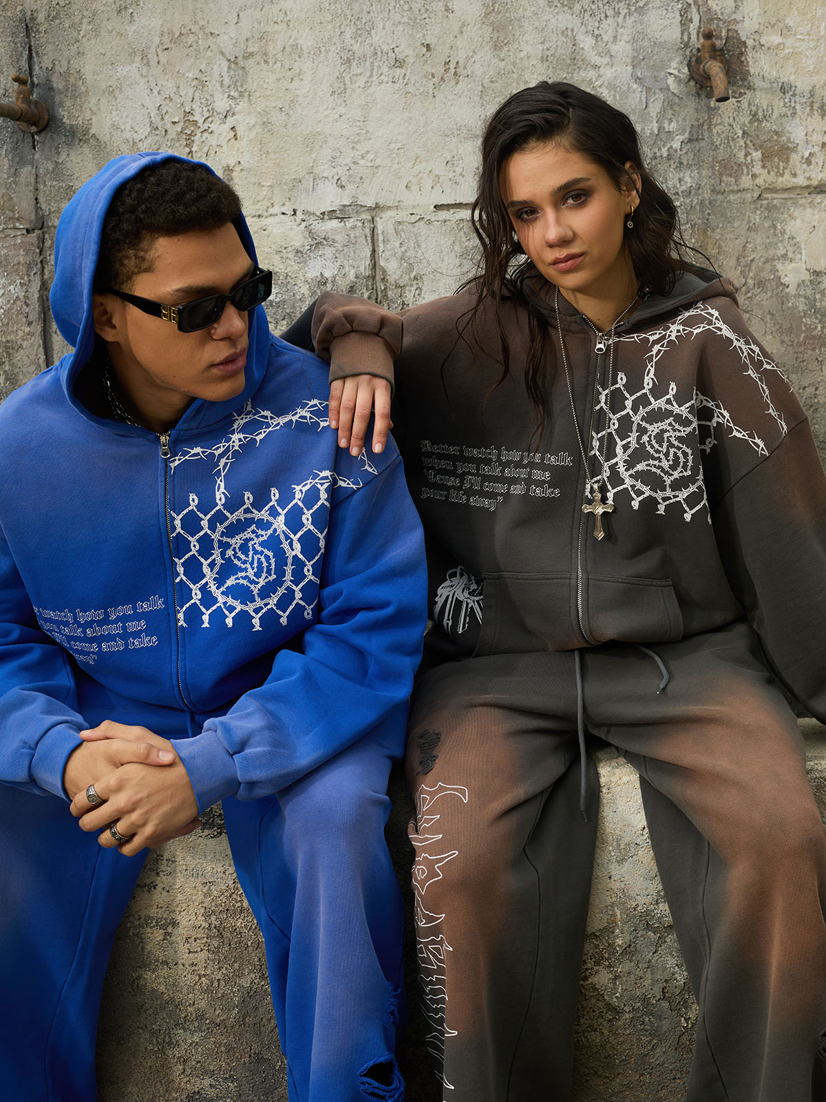 Supermade Vintage Distressed Print Patchwork Sweatshirt Set 