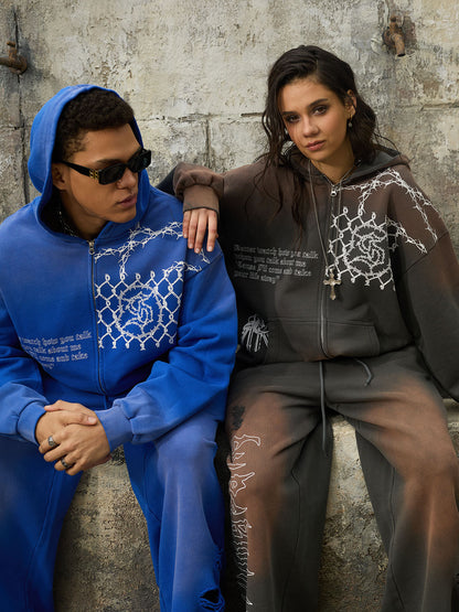 Supermade Vintage Distressed Print Patchwork Sweatshirt Set 