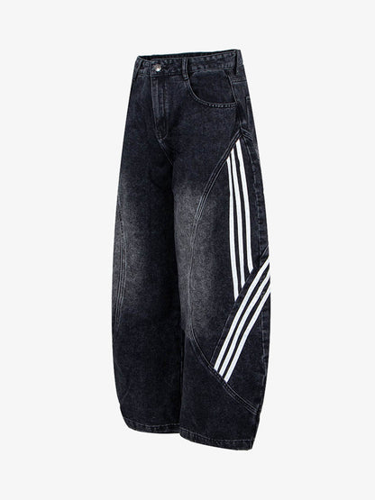Denim Wide Leg Cropped Pants with White Stripe Design High Waist Fashion Trousers for Women 