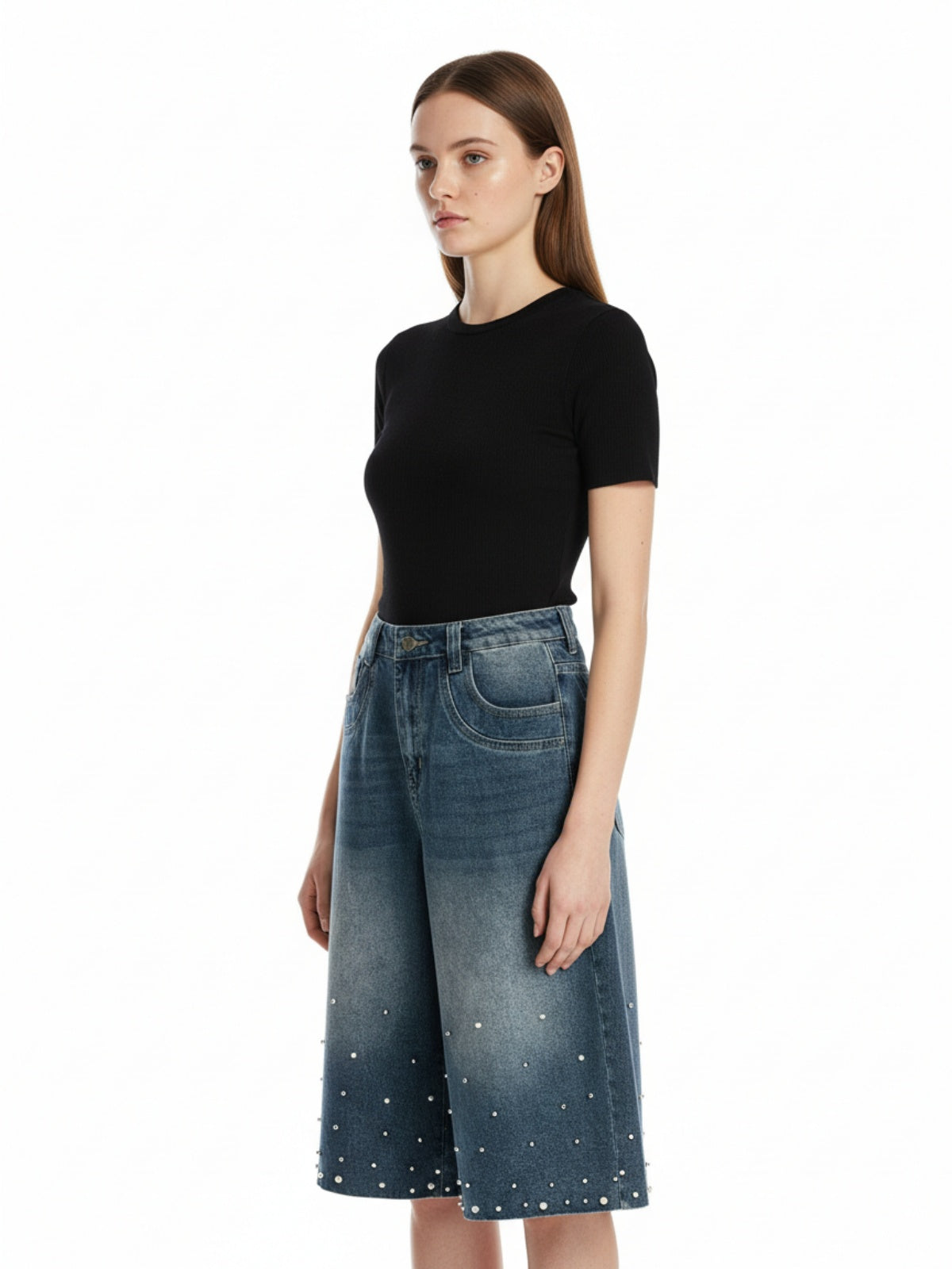 Washed Studded Denim Jorts