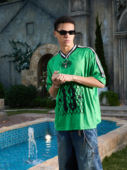 Supermade Color-Blocked V-Neck Embroidered Jersey Short-Sleeved?