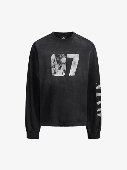 Cotton Long Sleeve Graphic Tee with Distressed 07 Print and NYC Sleeve Detail 