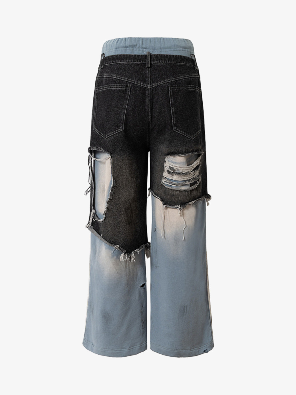 Thesupermade Double-waistband Denim Patchwork Ripped Casual Pants 