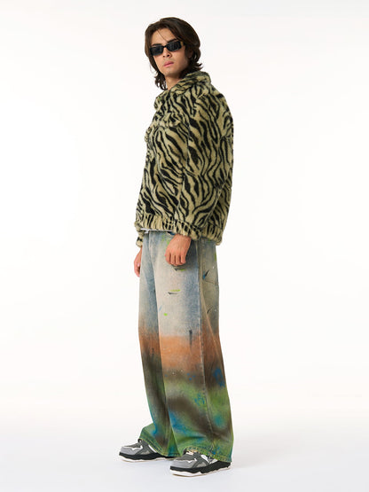 Tie-Dye Gradient Wide-Leg Jeans with Faux Fur Jacket Set - Perfect for Trendy Outfits 