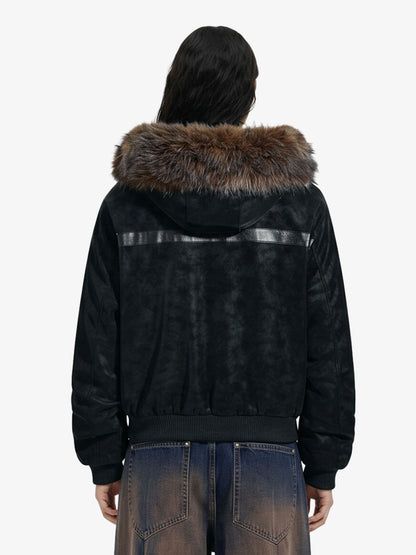 Retro Detachable Faux Fur Collar Suede Fleece Hoodie Jacket