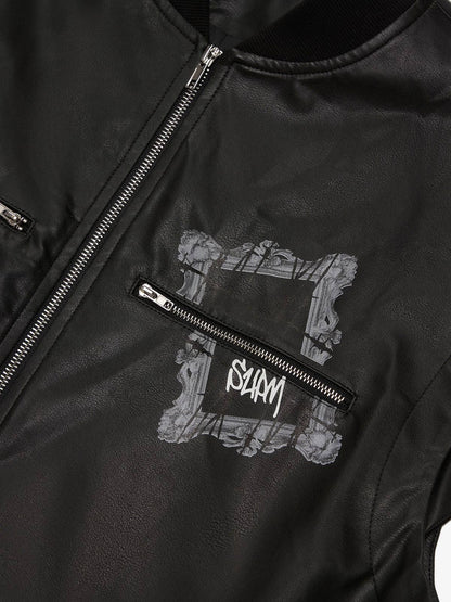 Thorn Destruction Frame Pattern Leather Vest 