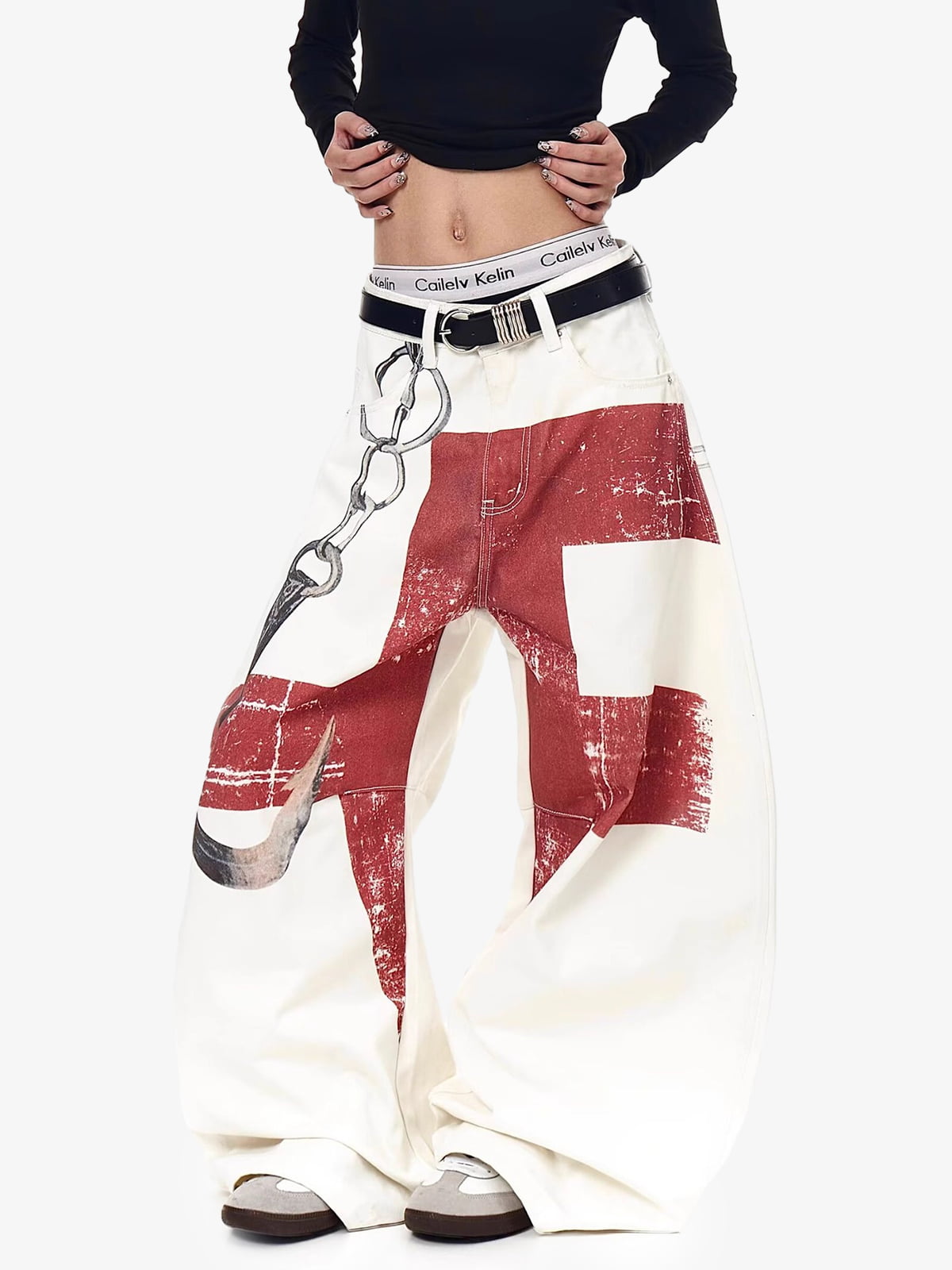 Supermade Retro Distressed Print Heavyweight Canvas Baggy Pants 