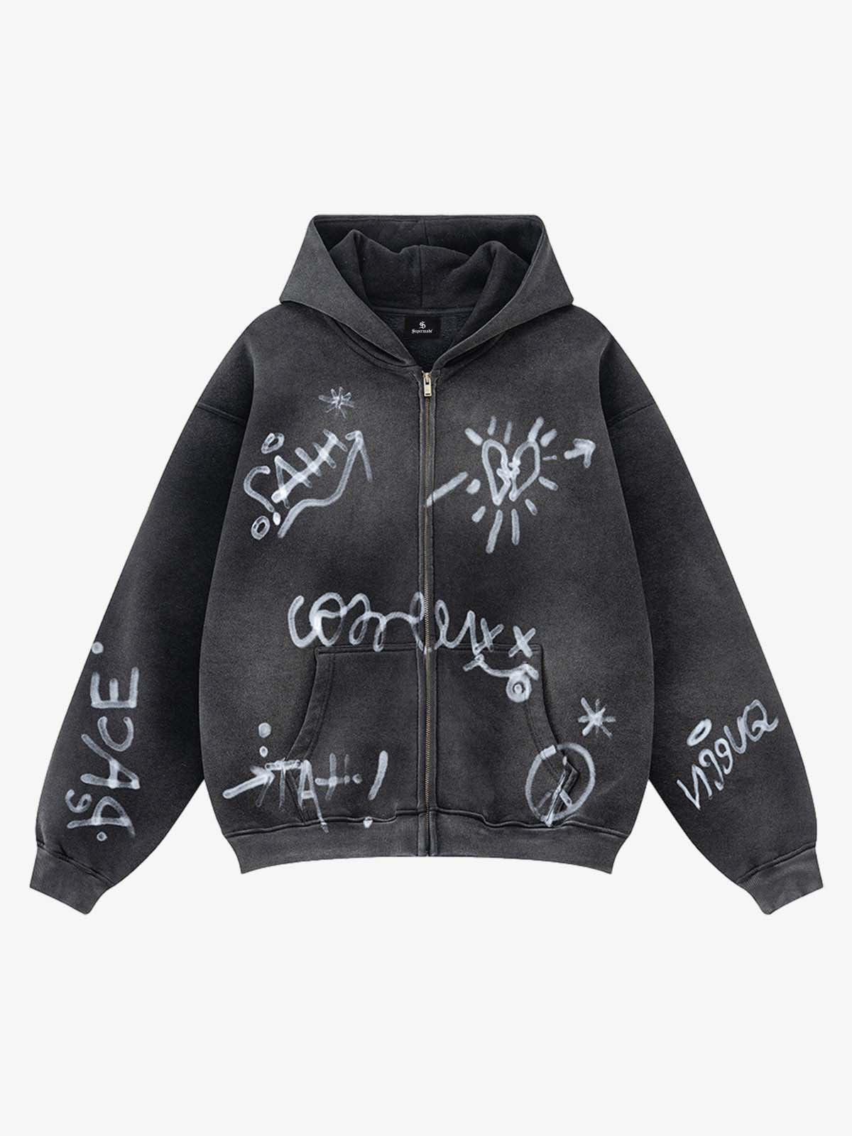 Street Graffiti Spray Print Zip Up Hoodie 