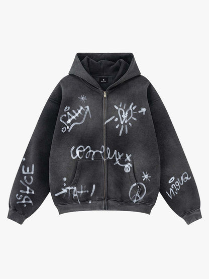 Street Graffiti Spray Print Zip Up Hoodie 