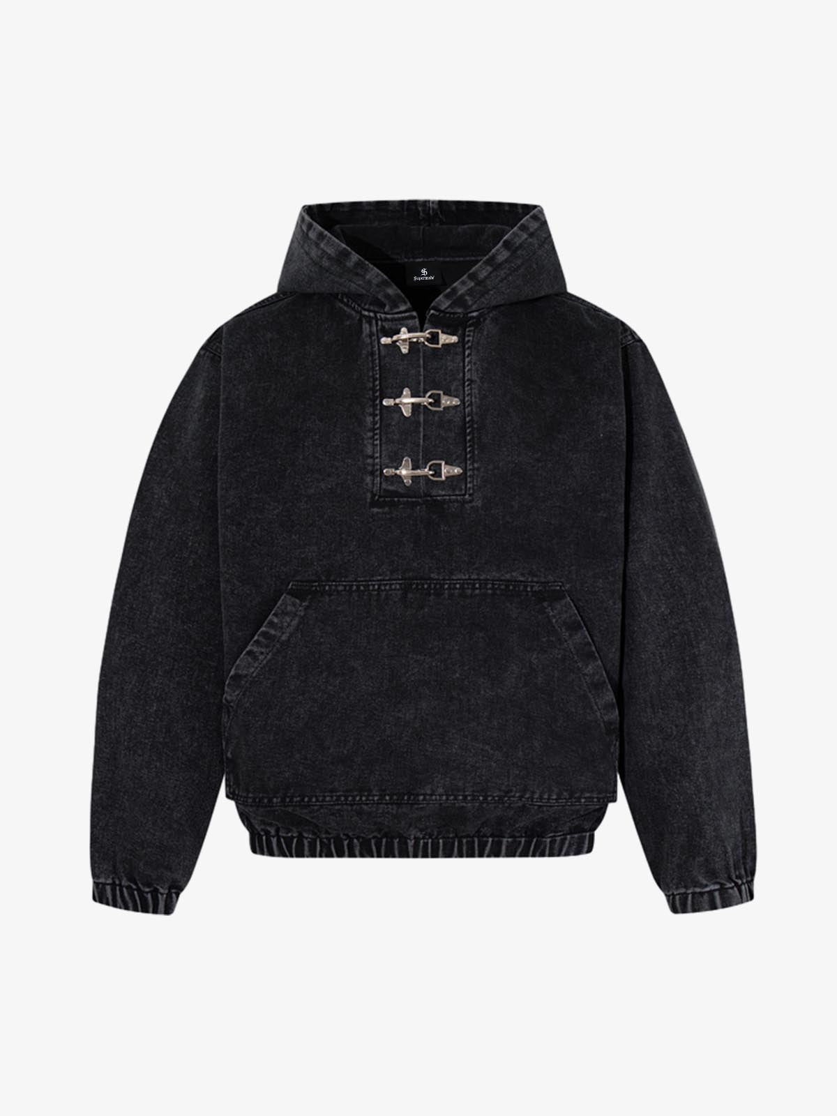 Denim Hoodie with Metal Toggle Closure Black Oversized Sweatshirt?