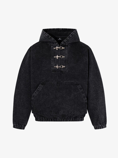 Denim Hoodie with Metal Toggle Closure Black Oversized Sweatshirt?