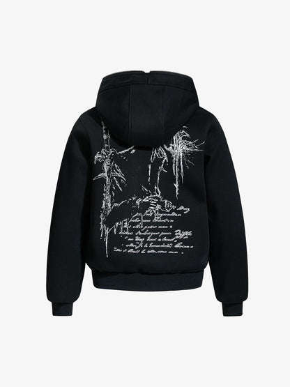 Stylish Hooded Zip-Up Jacket with Unique Graphic Design 