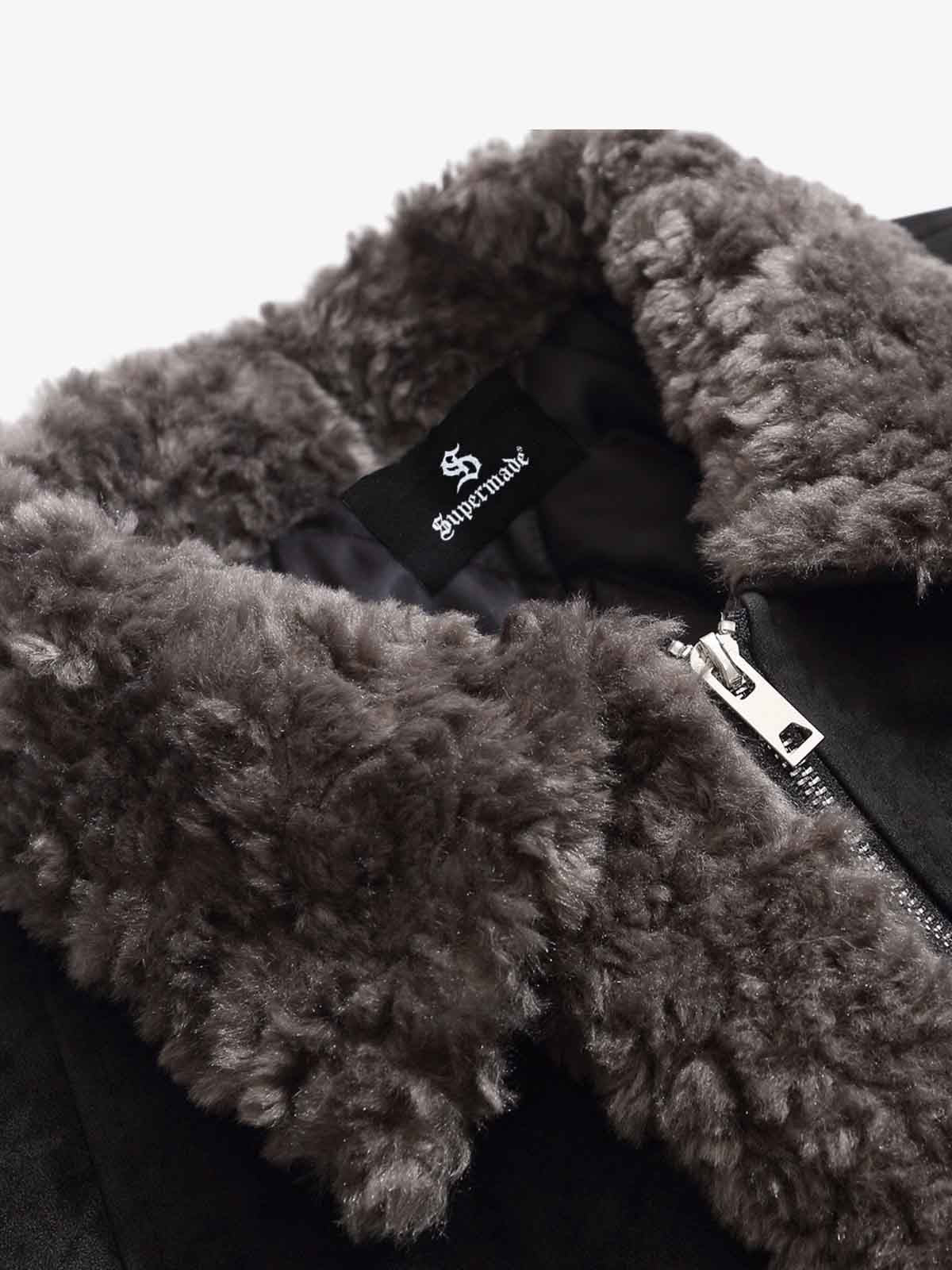 Retro Suede Texture Shearling Collar Fleece Bomber Jacket 