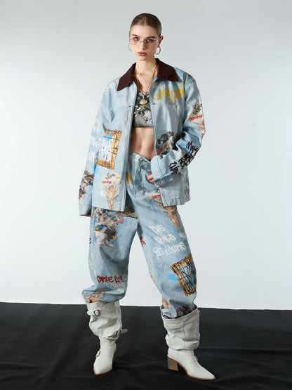 Artistic Patches Graphic  Distressed Denim Jacket