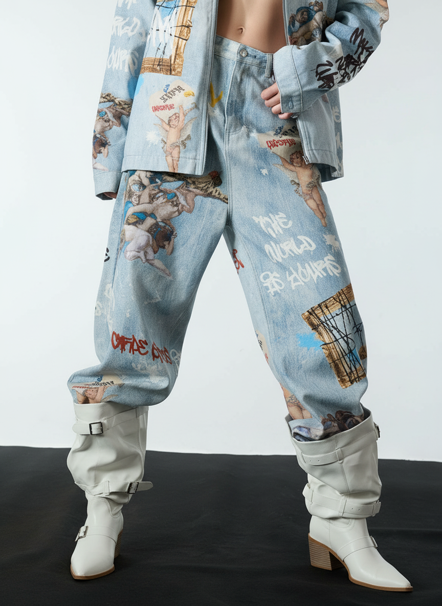 Retro Artistic Graffiti Angelic Prints Baggy Jeans
