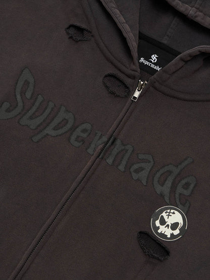 Thesupermade Washed and Ripped Skull Themed Hooded Cardigan Sweatshirt Set 