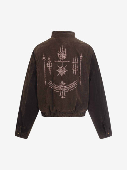 Vintage Suede Embroidered Toggle-Buckle Stand Collar Down Jacket