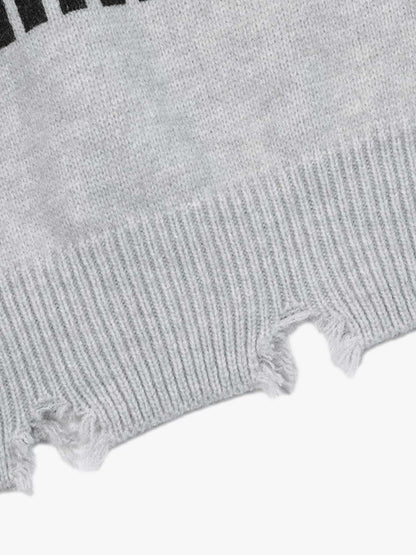 Letter Print Ripped Crew Neck Sweater 