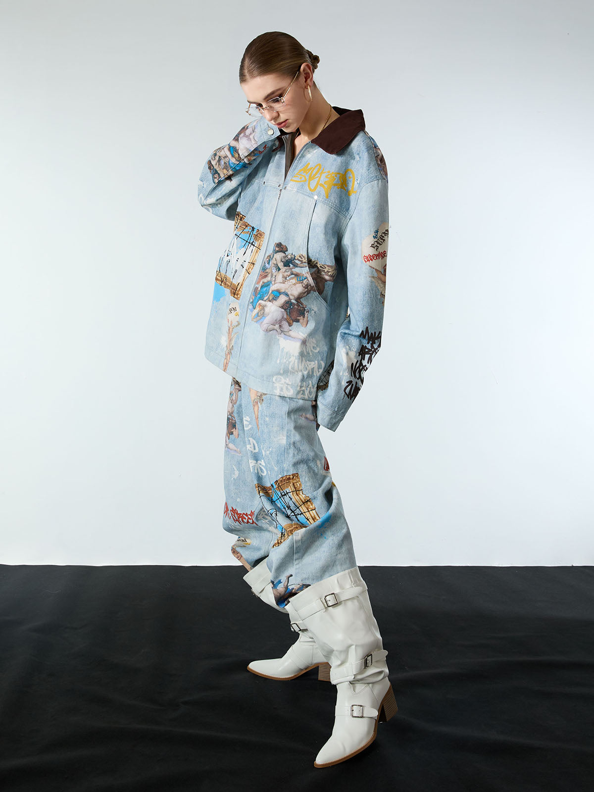 Retro Artistic Graffiti Angelic Prints Baggy Jeans