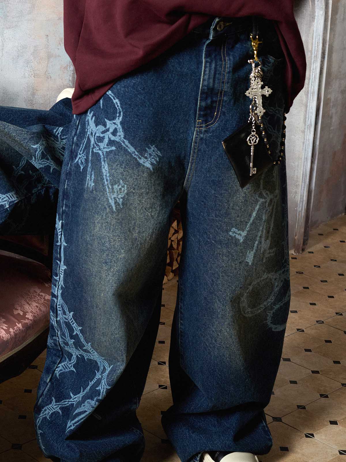 Supermade Thorn and Key Pattern Laser-Burnout Retro Baggy Jeans 