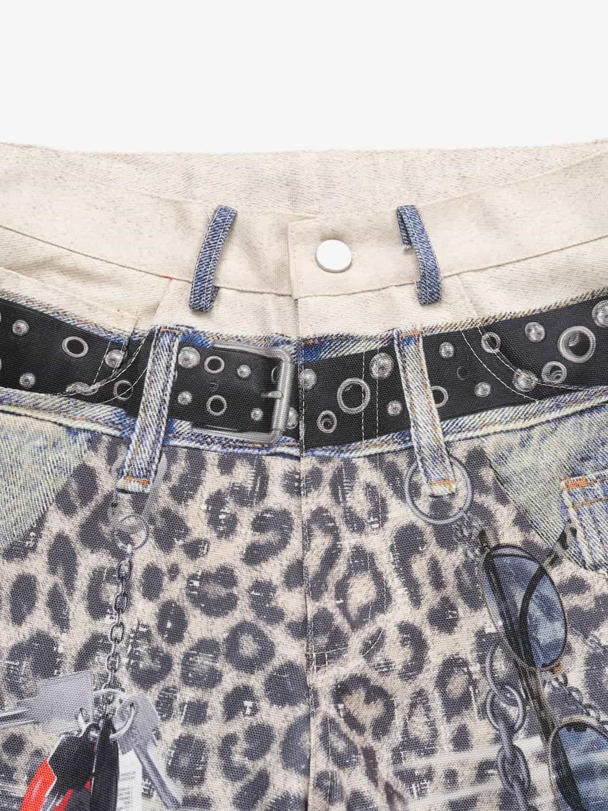 Vintage Leopard 3D Print Double Waistband Washed Jeans 