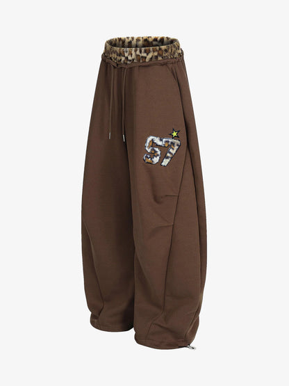 Retro Double-Waist Leopard Patch Barrel Pants