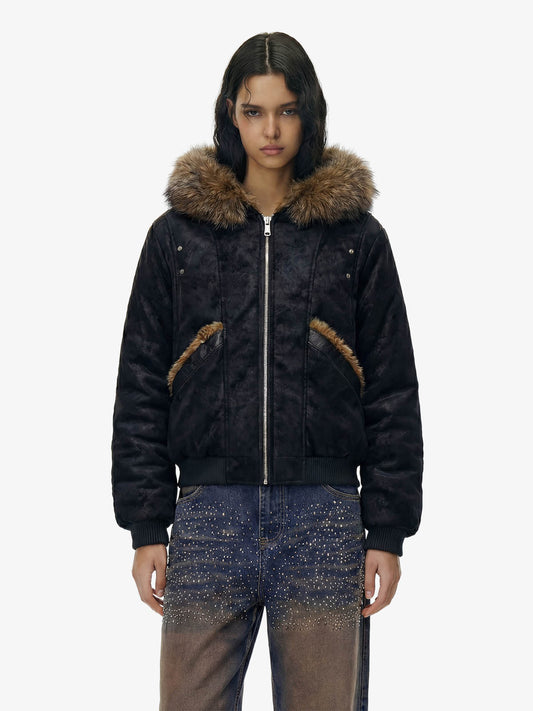 Retro Detachable Faux Fur Collar Suede Fleece Hoodie Jacket