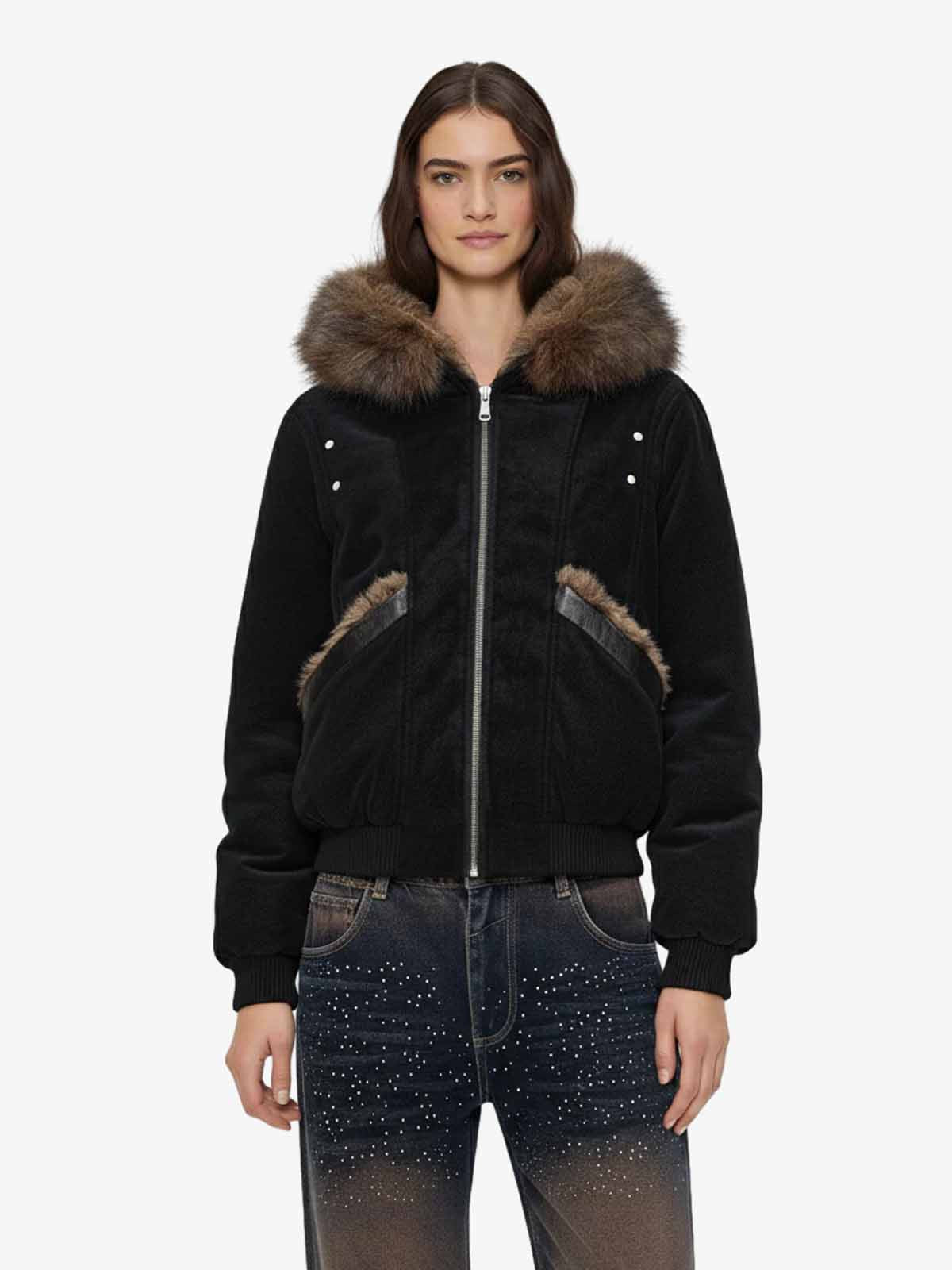 Retro Detachable Faux Fur Collar Suede Fleece Hoodie Jacket