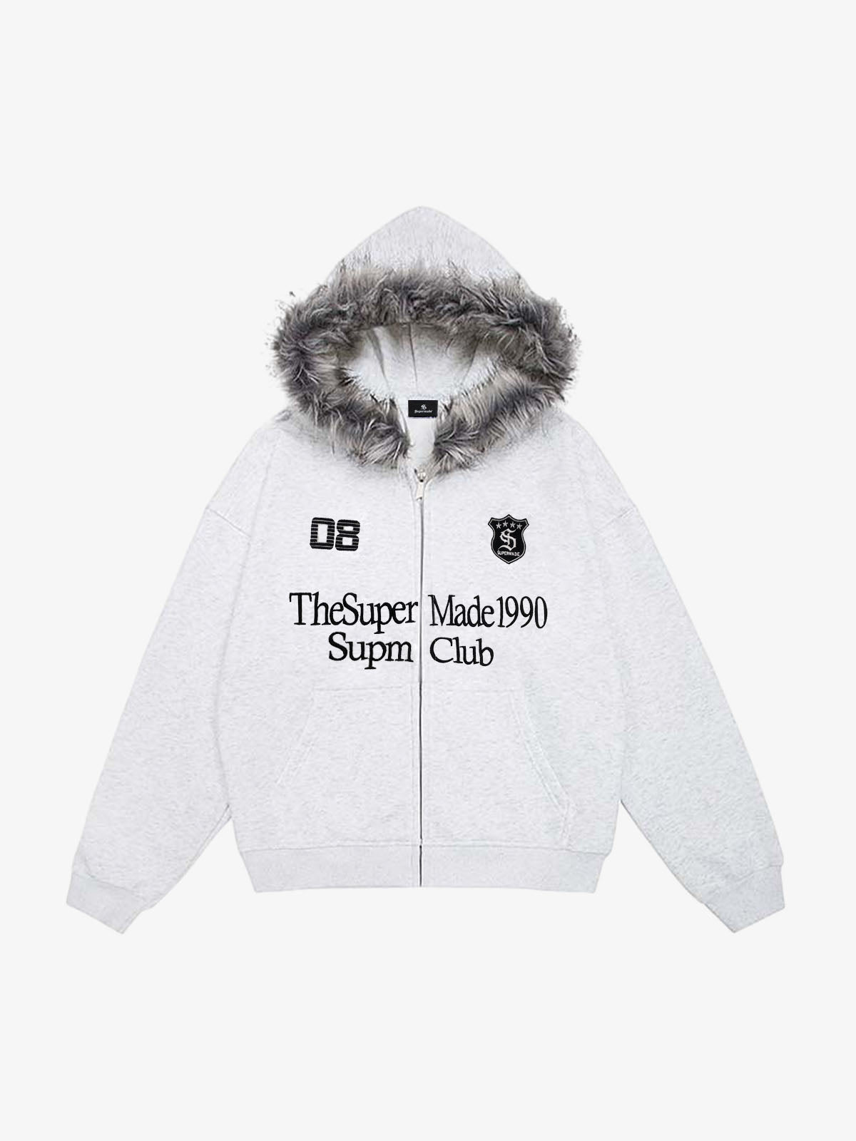 Letter Medal Embroidered Cardigan Fur Collar Hooded Sweatshirt - 2502