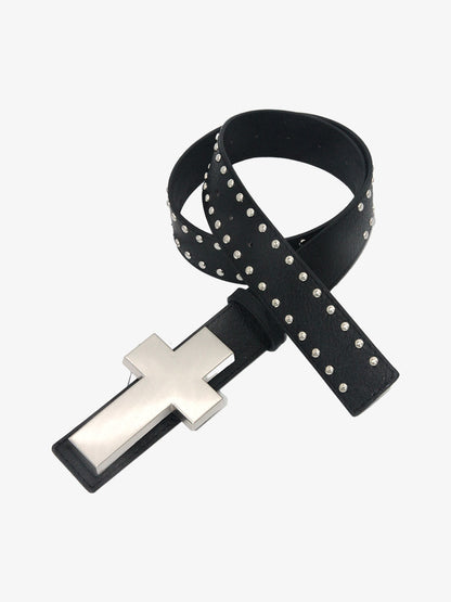 Studded Black Leather Belt with Cross Buckle for Men and Women?