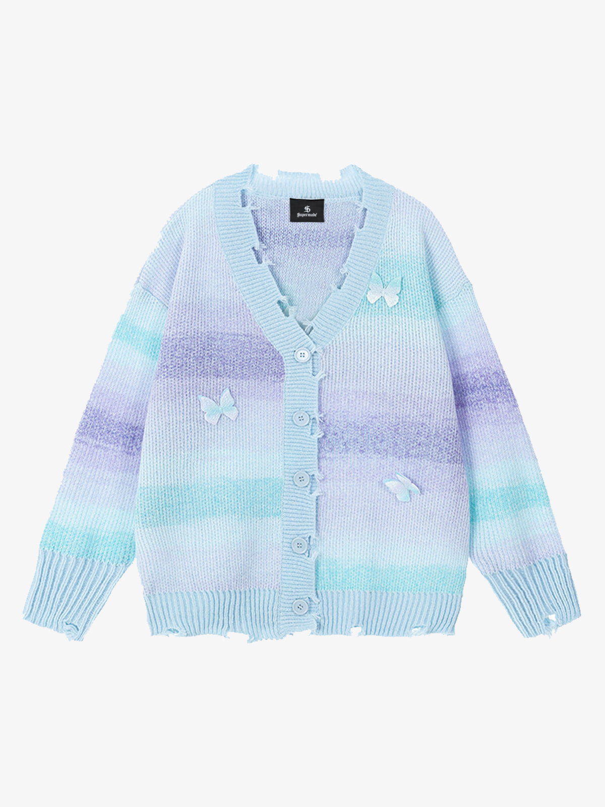 Vintage Gradient Butterfly Distressed Cardigan Sweater 
