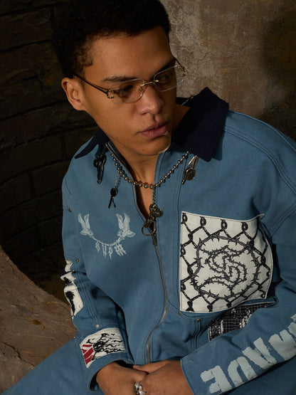 Supermade Multi-Element Appliqu¨¦ Patchwork Denim Suit?