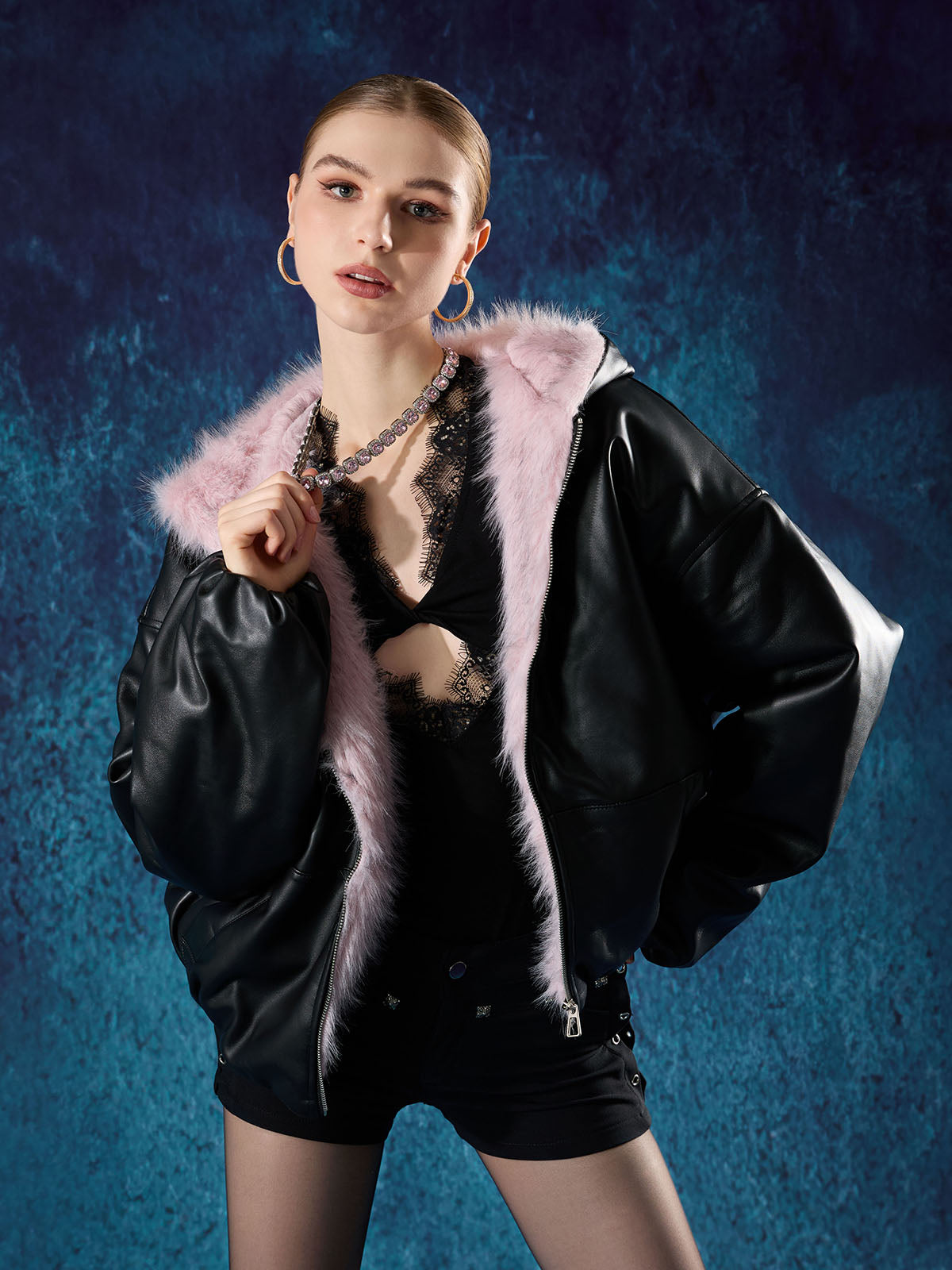 Leather Pink Fur Hooded Quilted Jacket