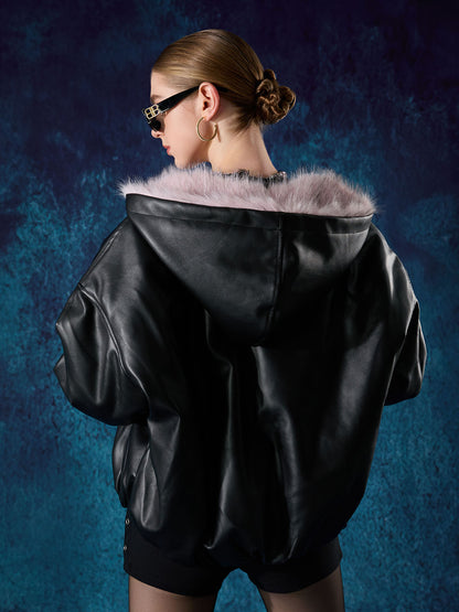 Leather Pink Fur Hooded Quilted Jacket