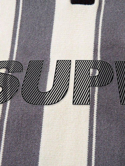 Retro Striped Polo Collar Sports Jersey Knit Sweater