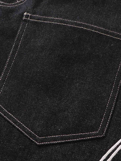 Denim Wide-Leg Pants with Flame Stitch Design High-Waisted Relaxed Fit 