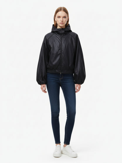 Boxy Hooded PU Leather Racing Jacket