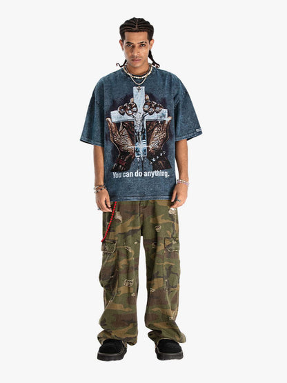 300G Jade Pattern Dyeing Cotton Oversized T-Shirt with Cross Hand Graphic Print?