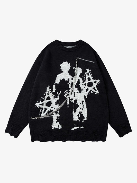 Oversized Graphic Sweater with Chain Detail - Perfect for Casual and Trendy Looks 