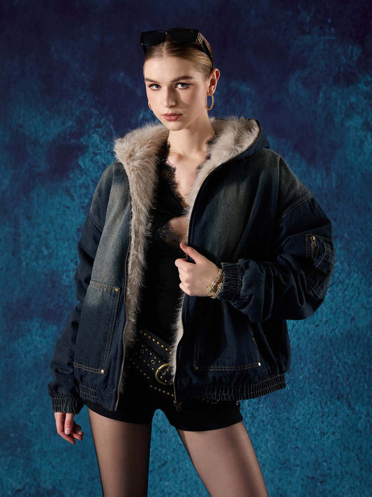 Cotton Washed Fur Hooded Jacket - 2265