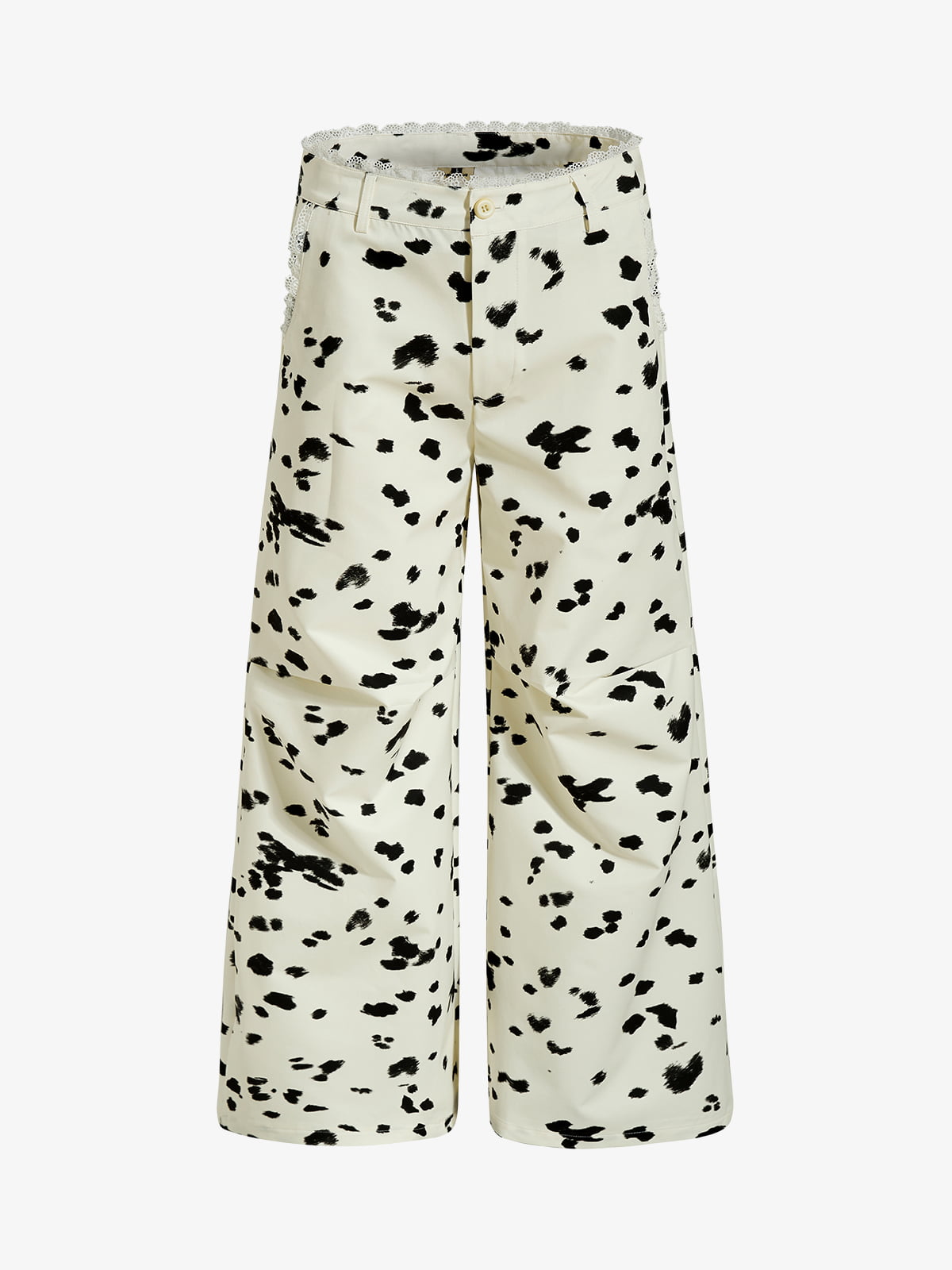 Cotton Blend Cow Print Wide Leg Trousers with Lace Trim?