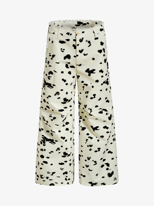 Cotton Blend Cow Print Wide Leg Trousers with Lace Trim?