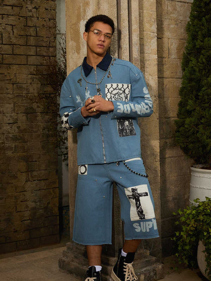 Supermade Multi-Element Appliqu¨¦ Patchwork Denim Suit?